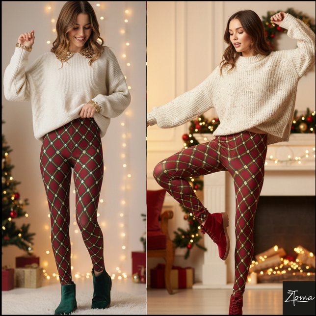 Traditionell Holiday Argyle-rutig röd guld Leggings (Skapare uppladdad)