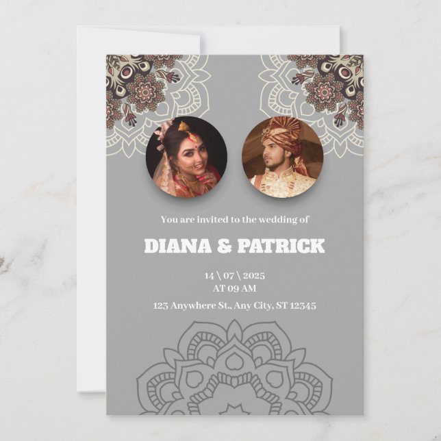 Traditionell indisk bröllopsinbjudan i Grått Grad Inbjudningar (Framsida)