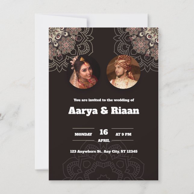 Traditionell indisk bröllopsinbjudan i svart inbjudningar (Framsida)