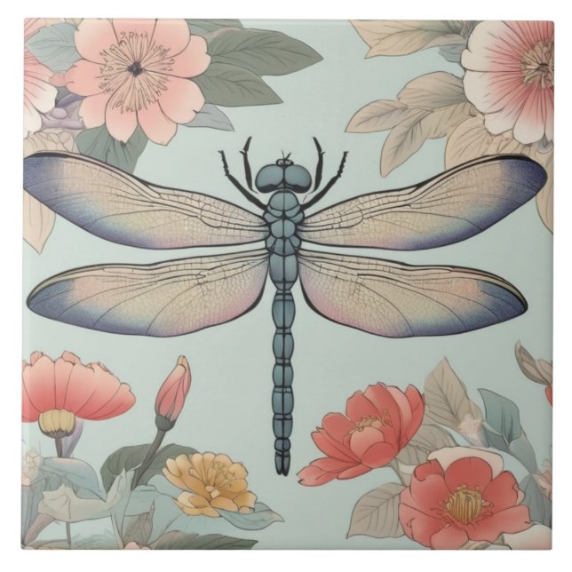 Traditionell japansk Dragonfly Art Blommigt Mint Kakelplatta (Framsidan)
