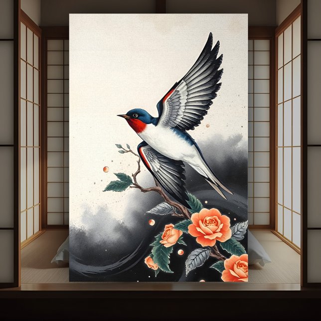 Traditionell japansk Elegant som flyger Sväljer få Poster (Swallow in flight poster art with orange rose flowers in the style of traditional Japanese art.)