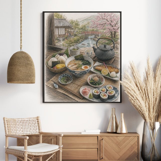 Traditionell japansk frukost vid en trädgård poster (Skapare uppladdad)