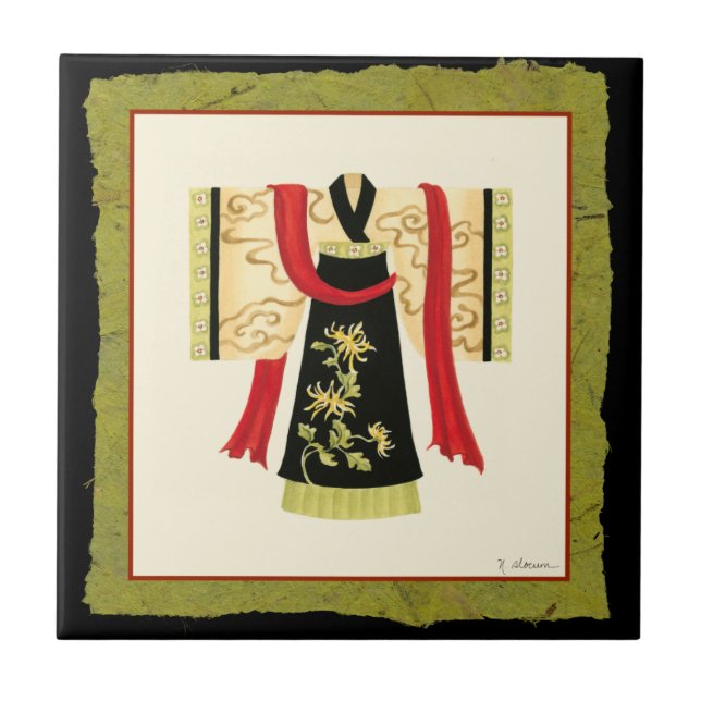 Traditionell japansk Kimono med Blommigt Print Kakelplatta (Framsidan)