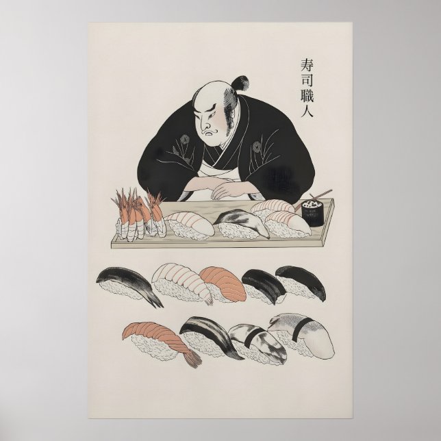 Traditionell japansk kock och assorted sushi-konst poster (Framsidan)