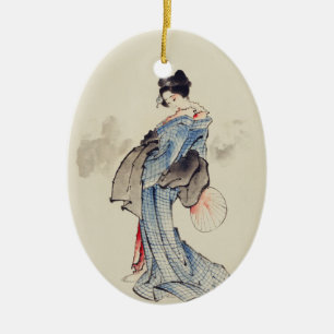 Traditionell japansk konst av geisha i kimono julgransprydnad keramik