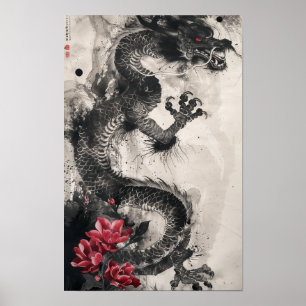 Traditionell japansk konstpensel för Dragon och Fl Poster
