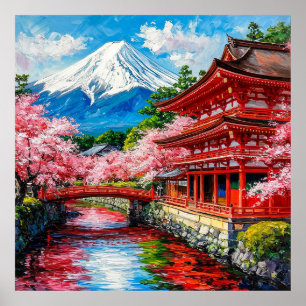 Traditionell japansk tempel med körsbärsblom poster