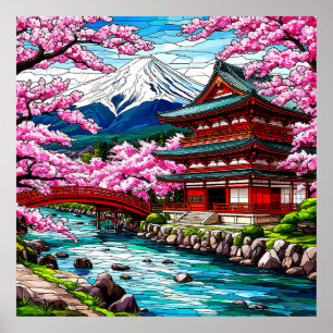 Traditionell japansk tempel och bro poster