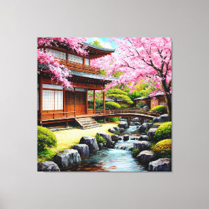 Traditionell Japansk Trädgård Med Körsbärsblommor Canvastryck