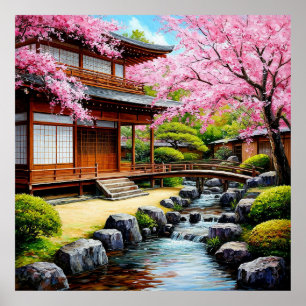 Traditionell japansk trädgård med körsbärsblommor poster