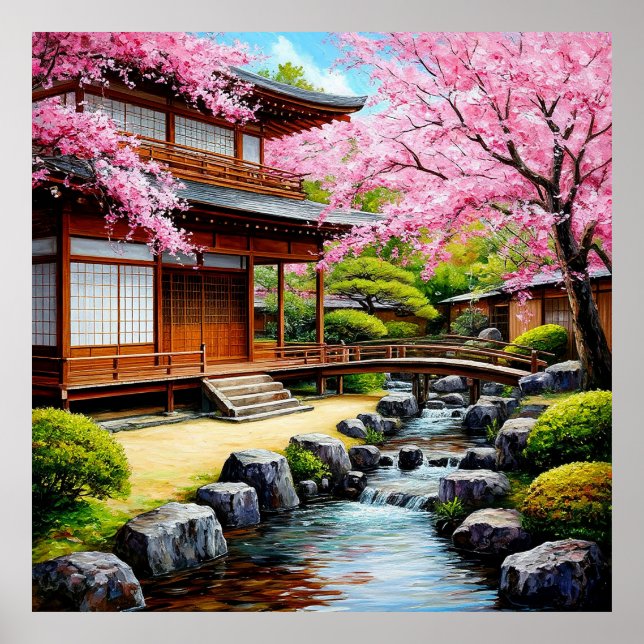 Traditionell japansk trädgård med körsbärsblommor poster (Framsidan)
