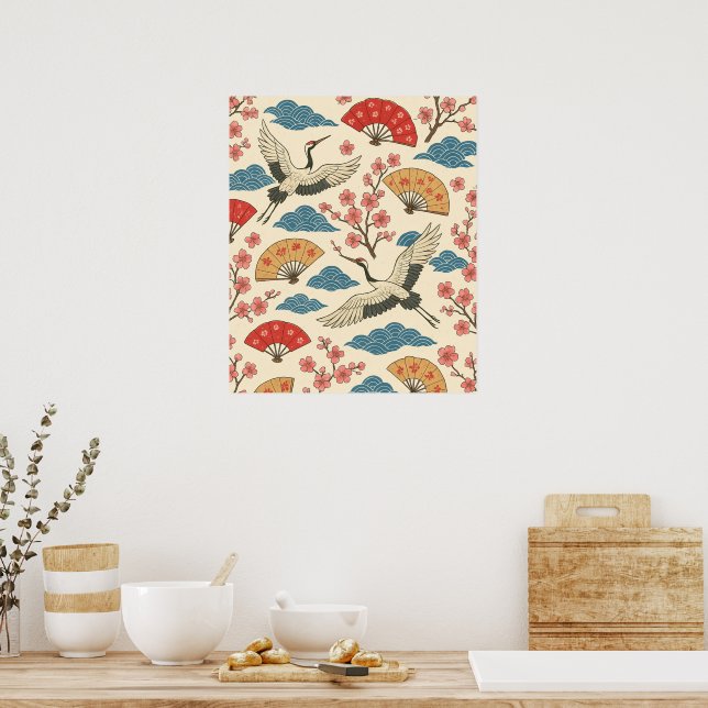 Traditionell Japansk Trana Sakura Mönster Affisch (Kök)