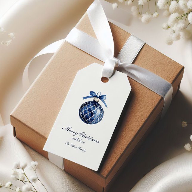 Traditionell jul med blåa ornament presentetikett (Skapare uppladdad)