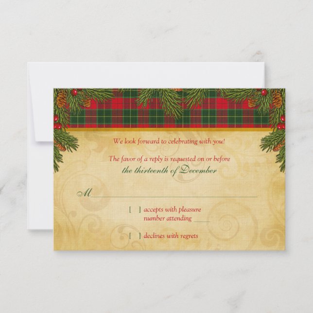 Traditionell jul Tartan Plaid bröllop RSVP OSA Kort (Framsida)