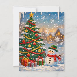Traditionell julgran och snömannen semesterbil anteckningskort
