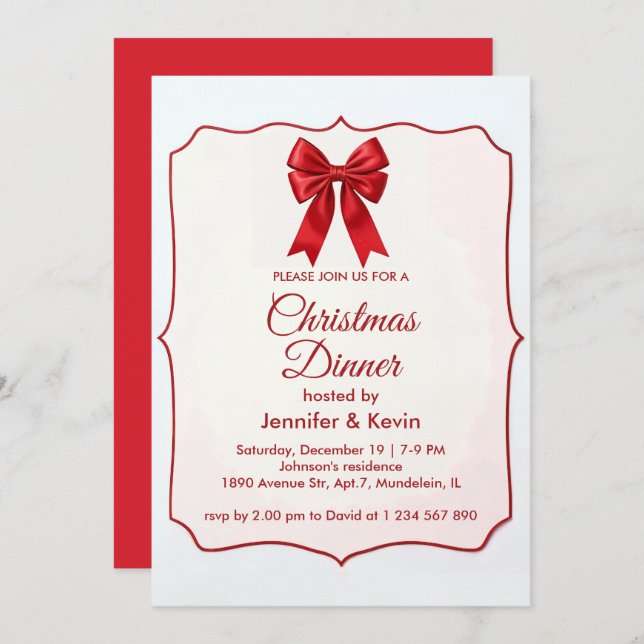Traditionell julinbjudan i Red Bow Julkort (Fram/baksida)