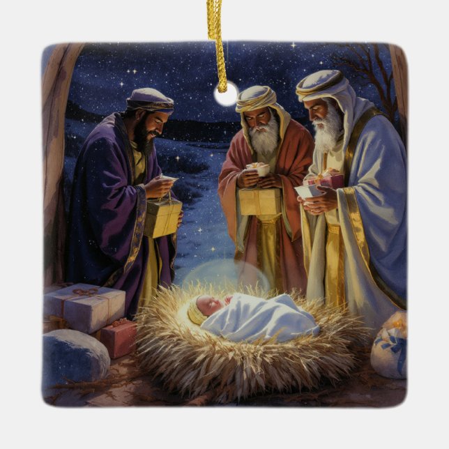 Traditionell Julkrubba med de Tre Vise Män Julgransprydnad Keramik (Framsida)