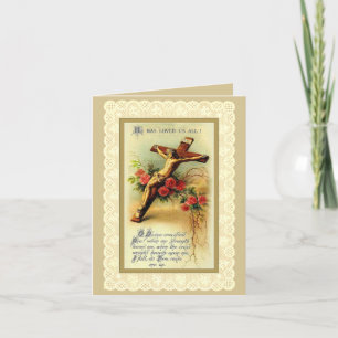 Traditionell katolsk lenten Crucifix Blommigt Pray Helgkort