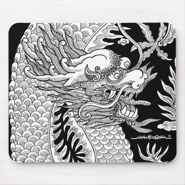 Traditionell kinesisk dragon Black and White Sketc Musmatta (Framsidan)