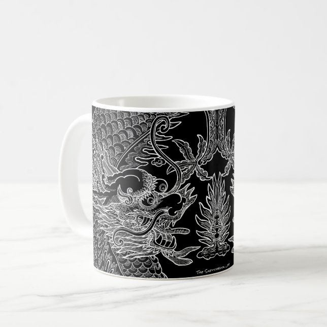 Traditionell kinesisk dragon Teckning Black White Kaffemugg (Framsida vänster)