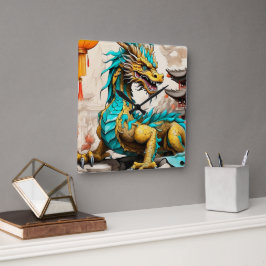 Traditionell kinesisk drake för kinesiska nyår fyrkantig klocka