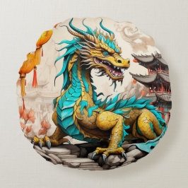 Traditionell kinesisk drake för kinesiska nyår rund kudde