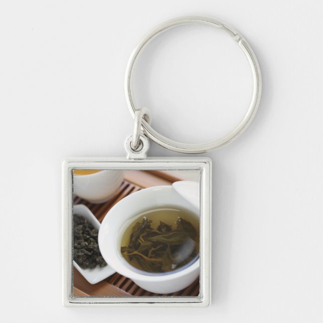 Traditionell kinesisk teaceremoni: oolongtea fyrkantig silverfärgad nyckelring (Framsidan)