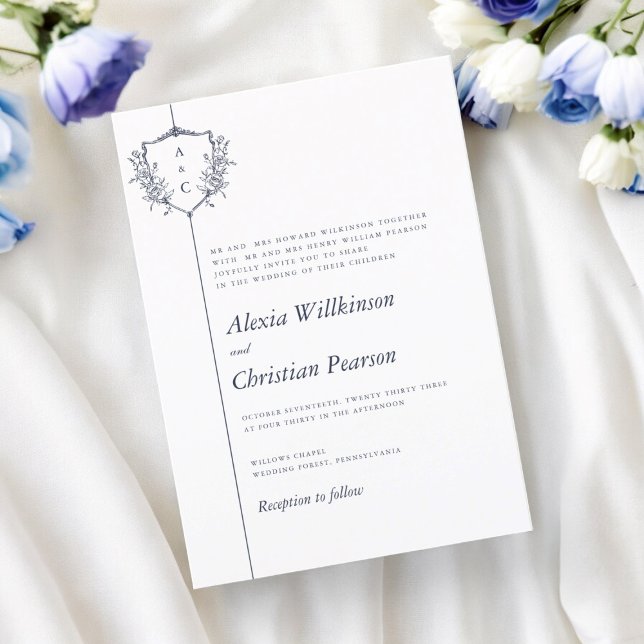 traditionell klassisk marin vapensköld bröllop inbjudningar (traditional text elegant wedding invitation with modern crest )