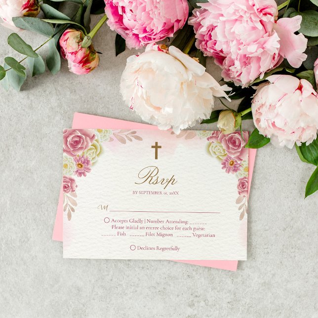 Traditionell kristen Rosa Blommigt katolsk Bröllop OSA Kort (Skapare uppladdad)