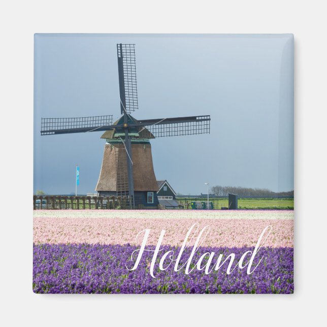 Traditionell kvarn med rosa och lila blommor magnet (Framsidan)
