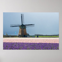 Traditionell kvarn med rosa och lila blommor poster