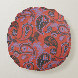 Traditionell Lila av Paisley Linocut Vivid Orange Rund Kudde