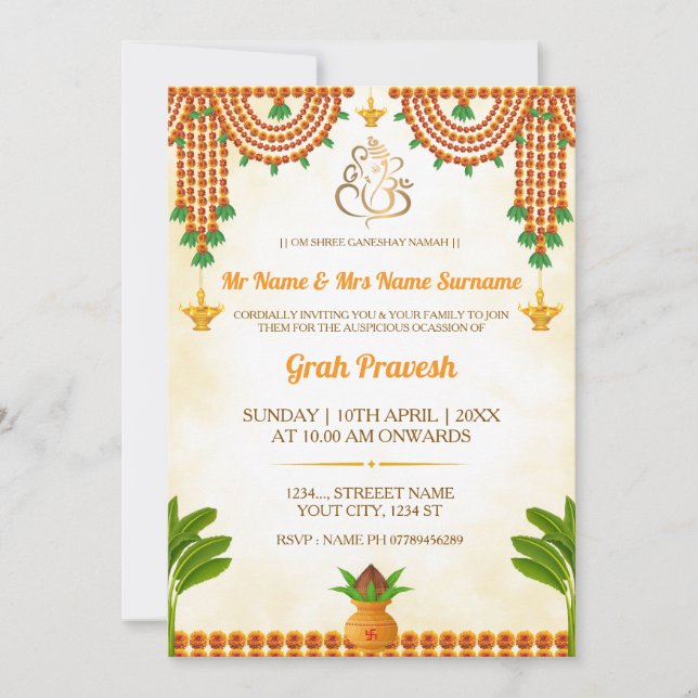 Traditionell Marigold & Kalash Inflyttningsinbjuda Inbjudningar (Framsida)