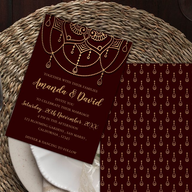 Traditionell maronröd Guld Bröllop Inbjudningar (Classic Maroon Red Gold Traditional Design Wedding Invitation)
