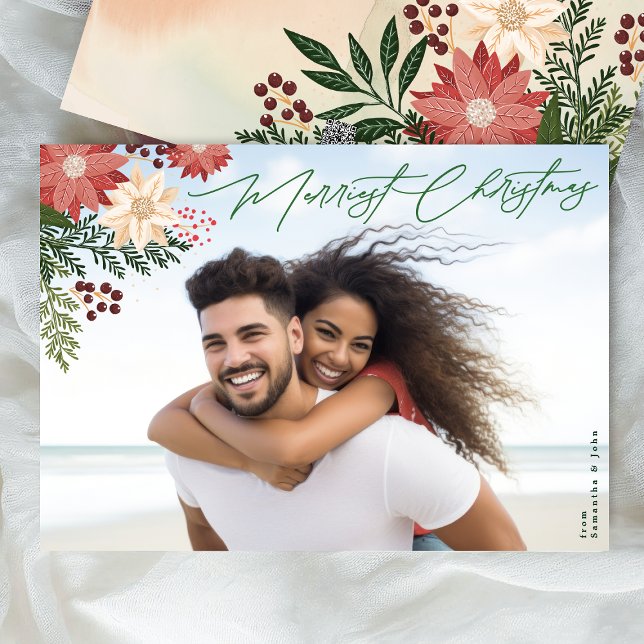 Traditionell merriest jul Poinsettia Photo Julkort (Skapare uppladdad)