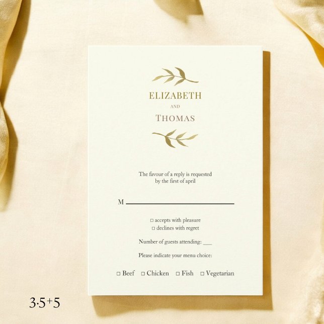 Traditionell modern bröllops-rsvp-kort  tilläggskort (moder vertical ivory and gold wedding rsvp card with monogram name placements )