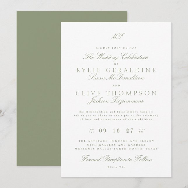 Traditionell monogram Classic Sage Grönt Bröllop Inbjudningar (Fram/baksida)