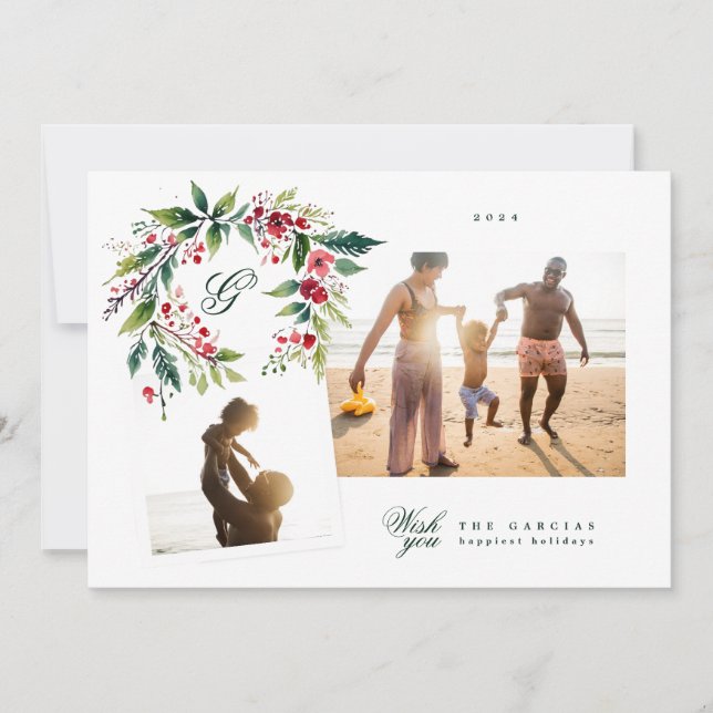 Traditionell monogram Grönt Utandningsfoto Julkort (Framsida)