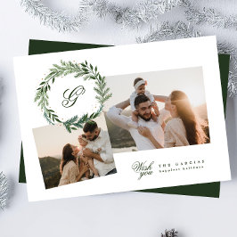 Traditionell monogram Grönt Utandningsfoto Julkort