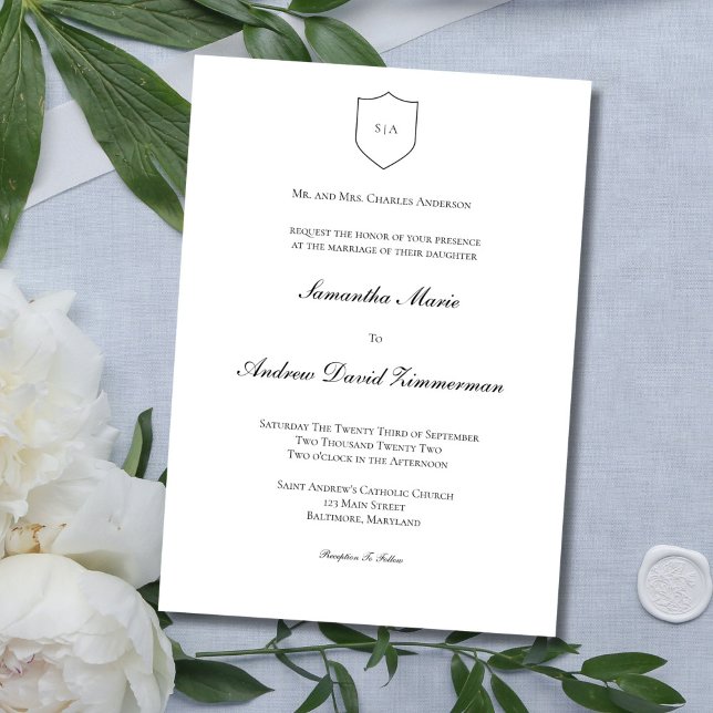 Traditionell monogram klassisk formell bröllopsinb inbjudningar (Traditional Monogram Classic Elegant Black White Wedding Invitation)