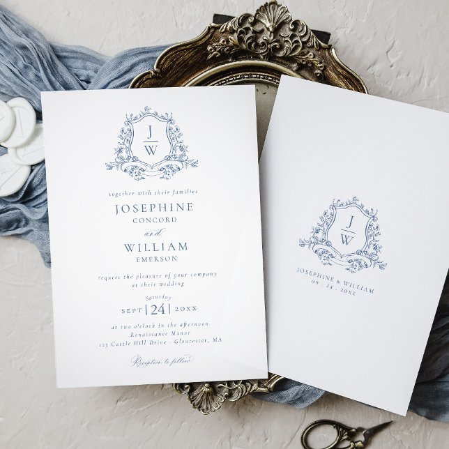 Traditionell monogram topp blå elegant bröllop inbjudningar (Skapare uppladdad)