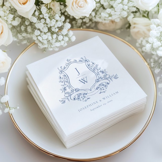 Traditionell monogramstämpel blå elegant bröllop pappersservett (Skapare uppladdad)