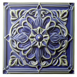 Traditionell Mörk Indigo Blue Faux Relief Flower Kakelplatta