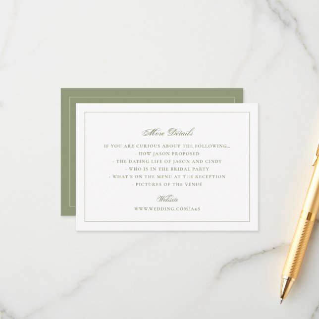 Traditionell Mossgrön Bröllopswebbplats Tilläggskort (Fram/Back In Situ)