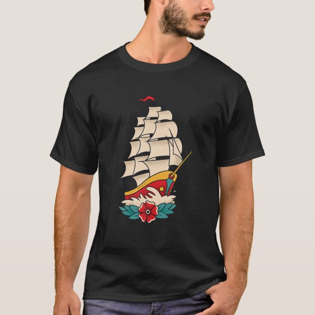 Traditionell Old school Tatto Stil Frakt D T Shirt (Framsida)