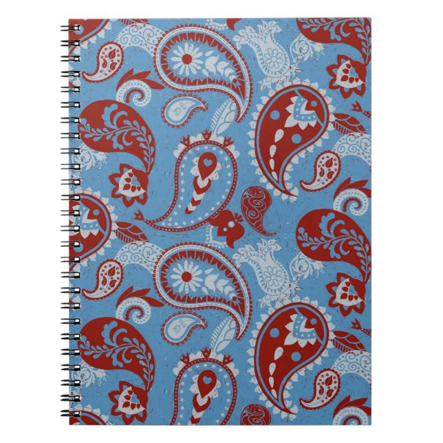 Traditionell Paisley Linocut Rött vitt blått Anteckningsbok (Framsidan)