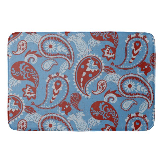 Traditionell Paisley Linocut Rött vitt blått Badrumsmatta (Framsidan)