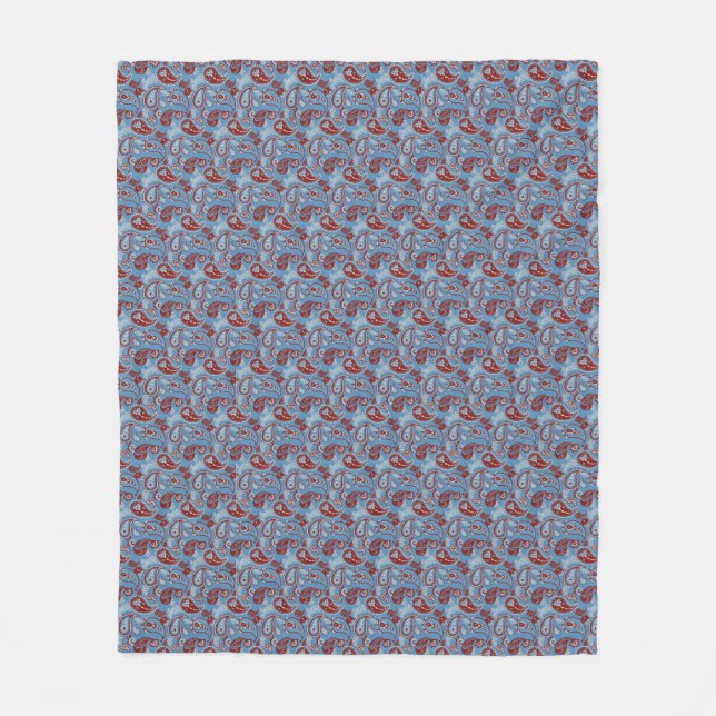 Traditionell Paisley Linocut Rött vitt blått Fleecefilt (Framsidan)