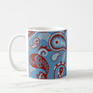 Traditionell Paisley Linocut Rött vitt blått Kaffemugg