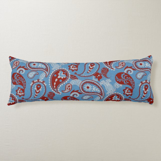 Traditionell Paisley Linocut Rött vitt blått Kroppskudde (Framsidan)
